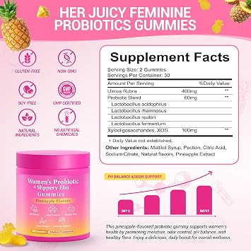 BURMINY Her Juicy Feminine Probiotics Gummies, Premium Feminine Balance Probiotics with Slippery Elm for Women's pH Balance and Freshness Support Daily Wellness & Comfort 120 Pineapple Gummies