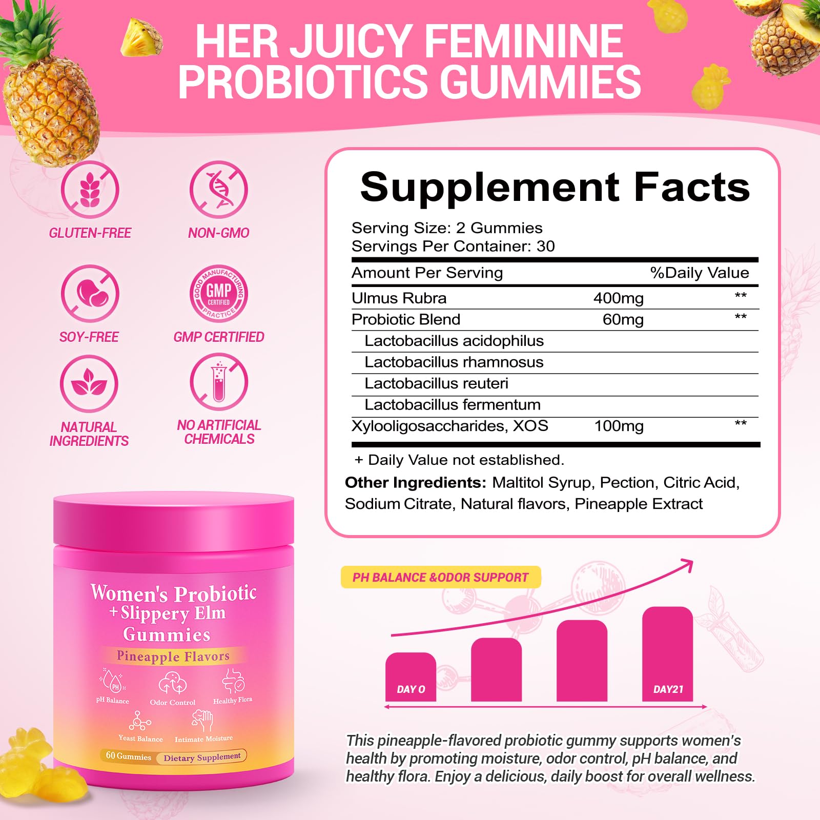 BURMINY Her Juicy Feminine Probiotics Gummies, Premium Feminine Balance Probiotics with Slippery Elm for Women's pH Balance and Freshness – Support Daily Wellness & Comfort 60 Pineapple Gummies — Amazon image 2