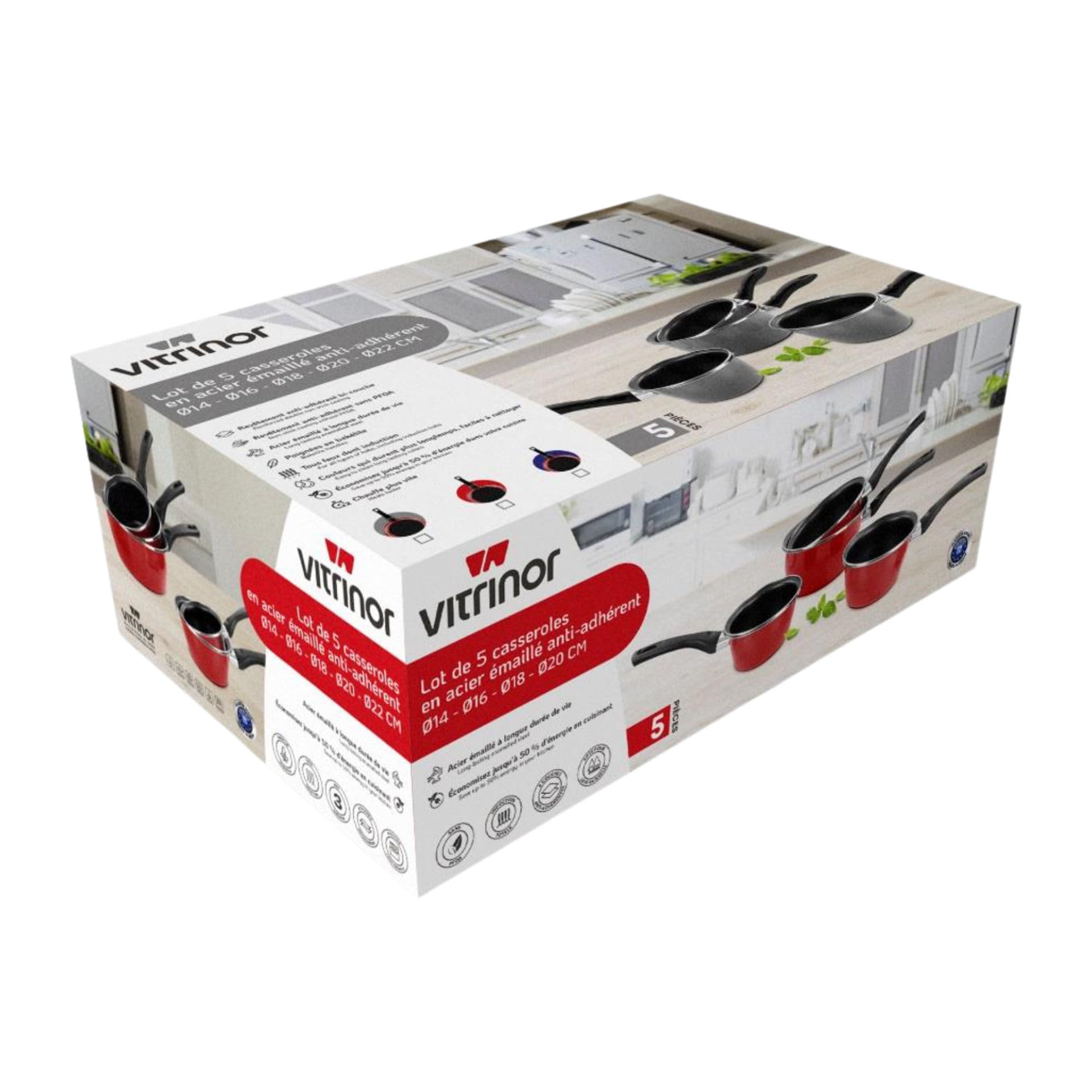 VITRINOR Lot de 5 casseroles émail Rouge Induction Intérieur façon Pierre