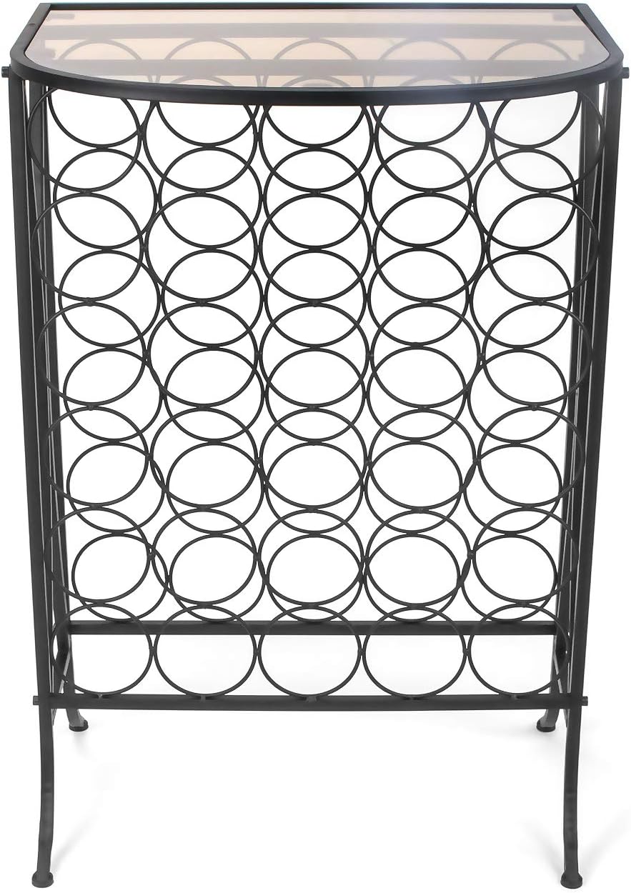 Black Metal Wine Rack Stand with Glass Tabletop for 30 Bottles