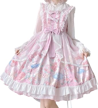 Teens Lolita Princess Party Dress Kawaii Bunny Print Bow Ruffle Sleeveless A-line Cute Dresses Cosplay Costume