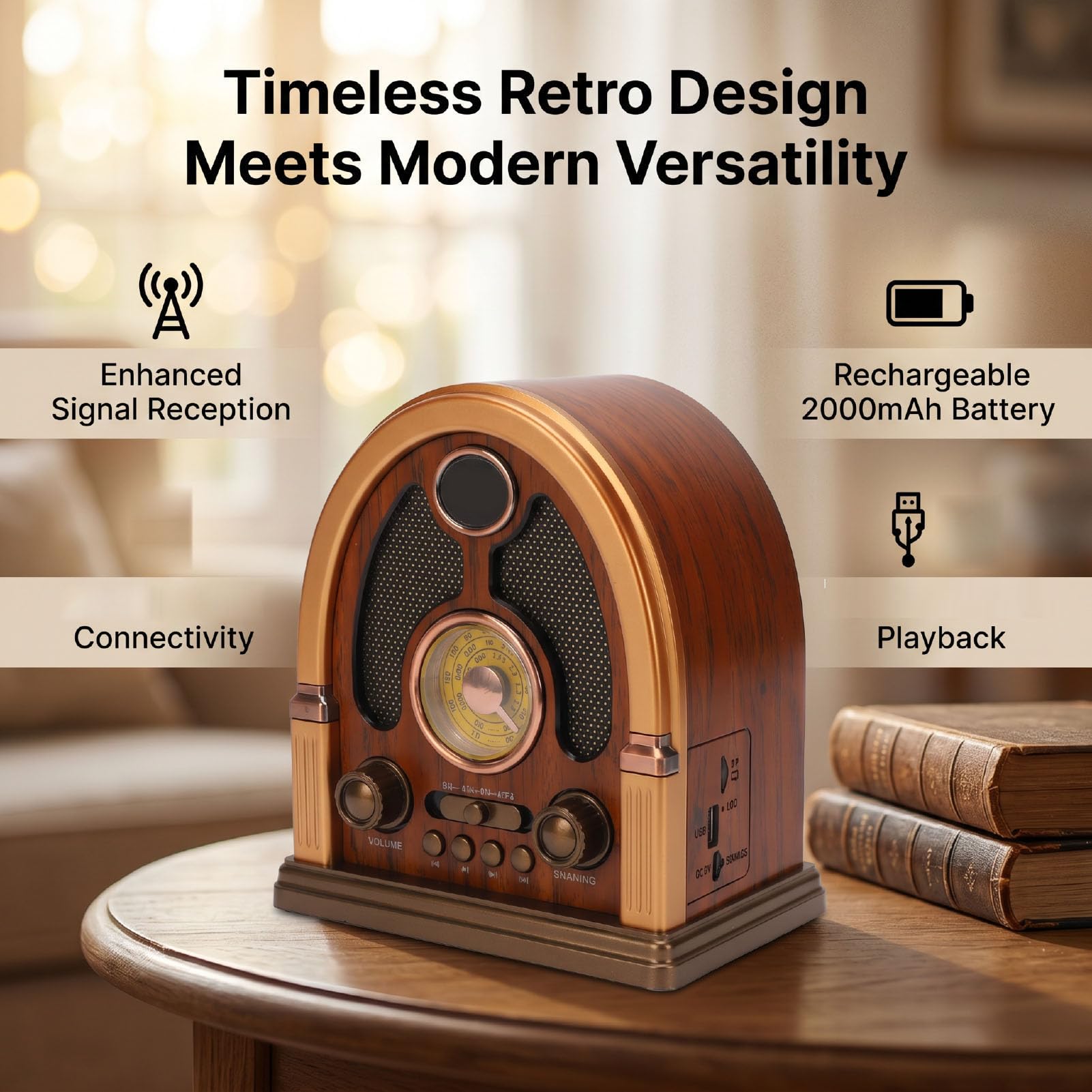 Luocute Radio Portátil Vintage, Receptor Am FM SW con Bluetooth y Estéreo, para Hogar y Viajes (Oscuro)