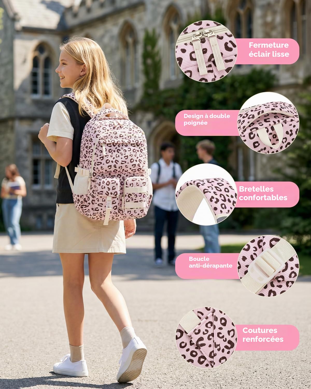 Amythe Cartable École Filles Compartiment Laptop Lycée Collège Grand, Fleur | Compartiment Laptop Lycée Collège Grand Daypack Cord Imperméable Fleur Multi-Poches Spacieux Robuste pour École Voyage