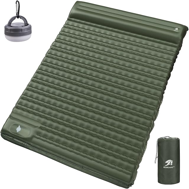 MLMLANT Double Camping Mat with Led Light, 10cm Thick and 140cm Wide Inflatable Camping Mattress for 2 Person, Built-in Foot Pump Waterproof Sleeping Mat with Pillow, Army Green 210 * 140 * 10cm