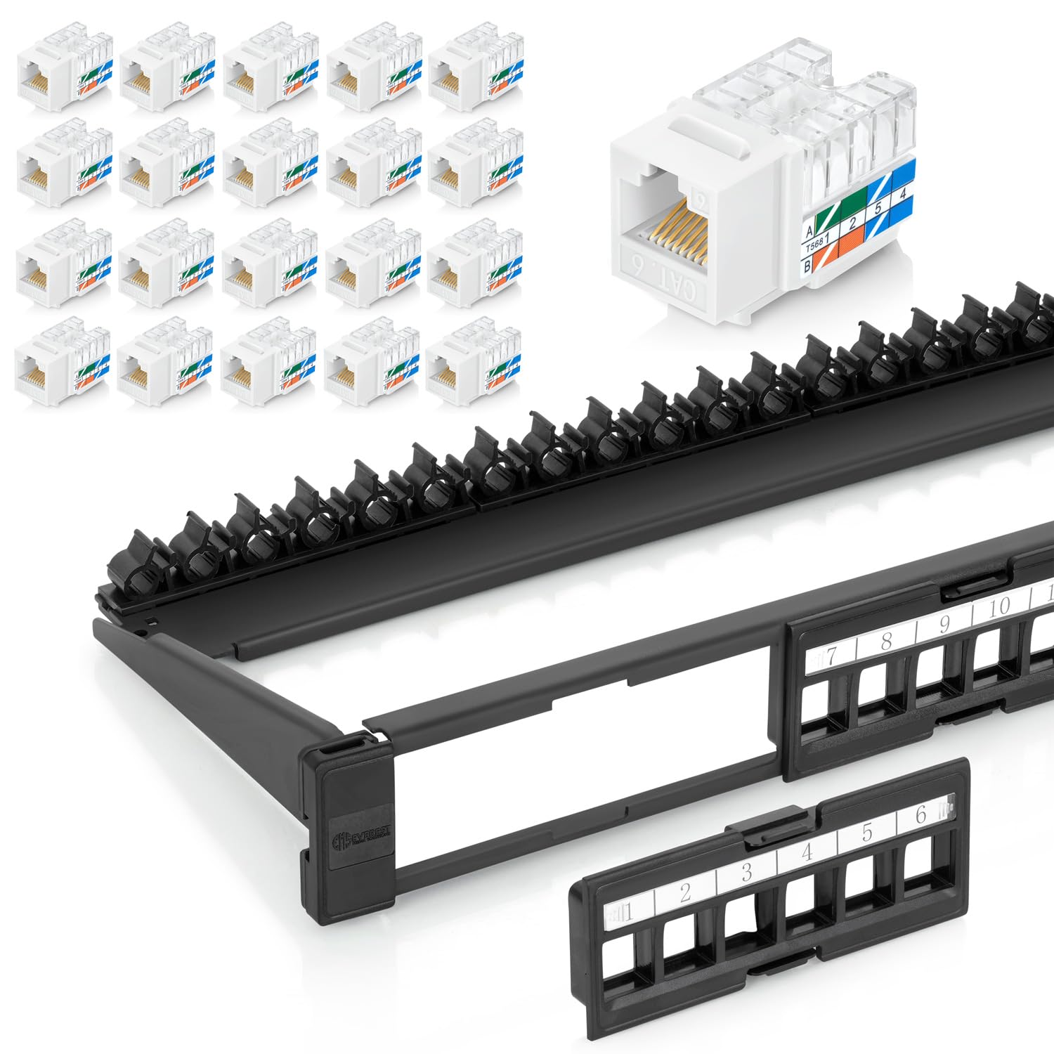 Everest Media Solutions Bundle – 2 Items: 24-Port Keystone Patch Panel + 20 Pack of RJ45 CAT6 Keystone Jacks - White