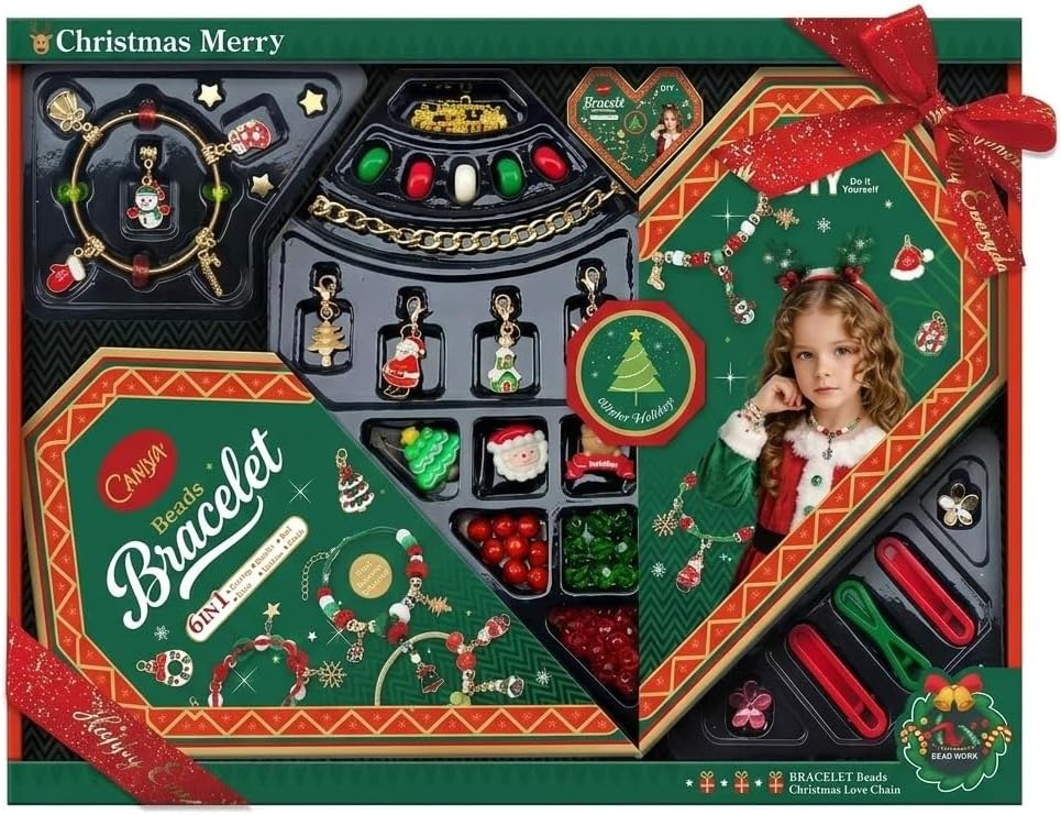 ROHSCE Christmas Bracelet Making Kit for Girls, DIY Charm Jewelry Craft Kit with Holiday Charms, Beads & Bracelet Chains, Christmas Crafts Gift Set for Kids Ages 6-12, Stocking Stuffers for Girls