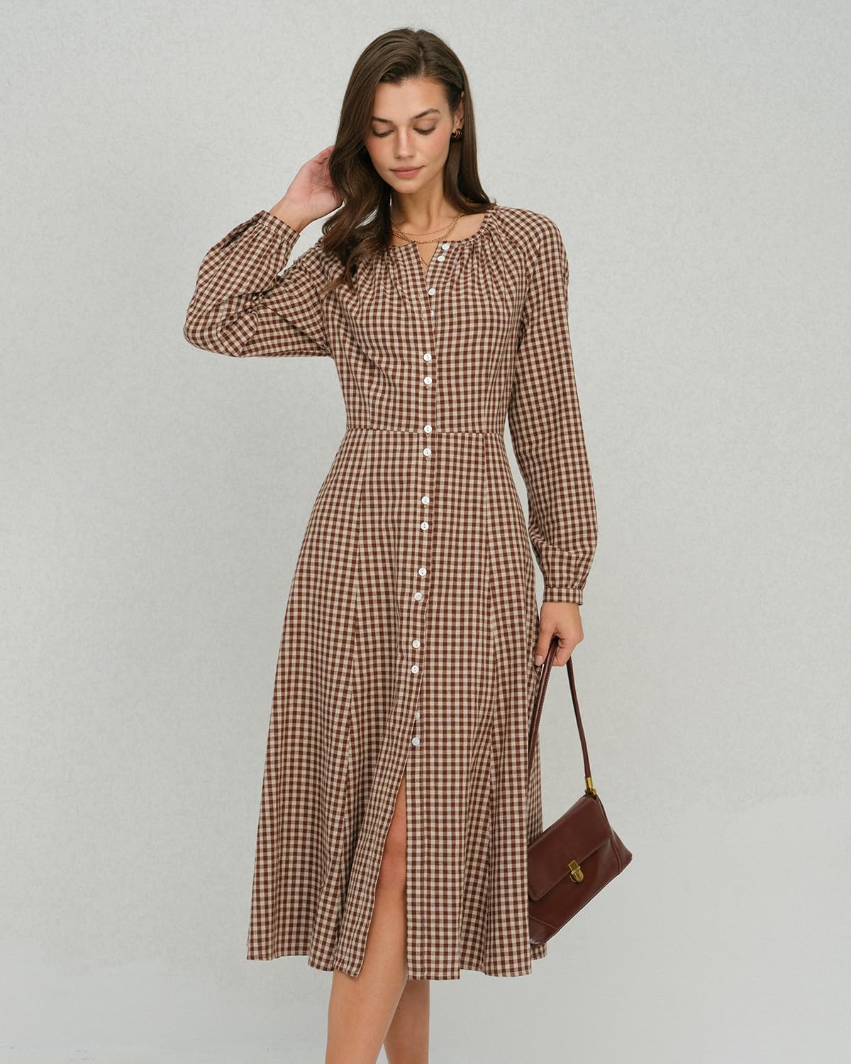 RIHOAS Brown Plaid Gingham Long Sleeve Button Dress A-Line Flowy Midi Maxi for Fall Winter Christmas Birthday Party Vacation - Image 2