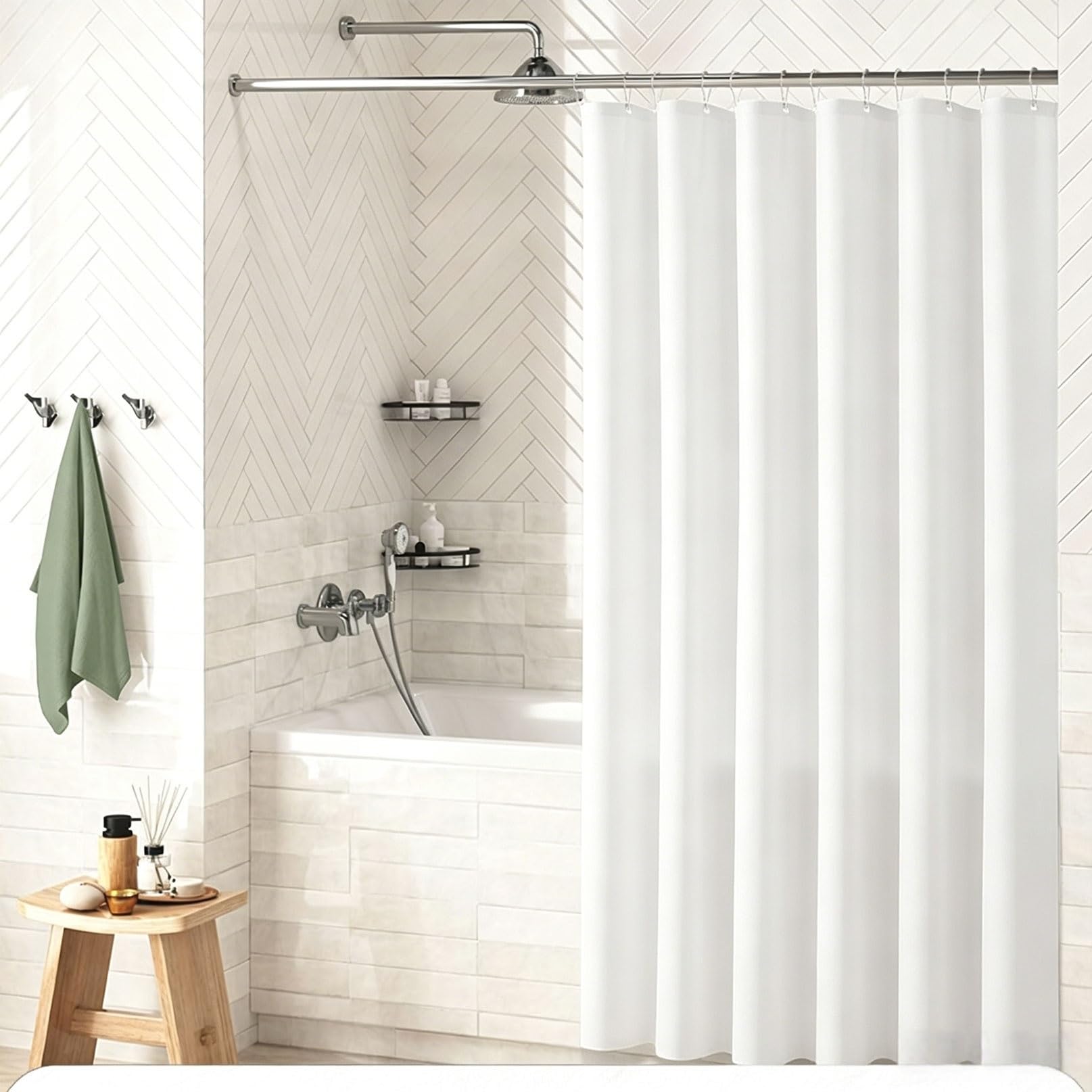 RCYONGQ Shower Curtain Polyester, Water Repellant Fabric, Waffle Bathroom Curtains Includes 12 Pcs Curtain Hooks, Quick-Drying, 230g/㎡ for Bathroom Wet Room Tub(White,180x180cm)