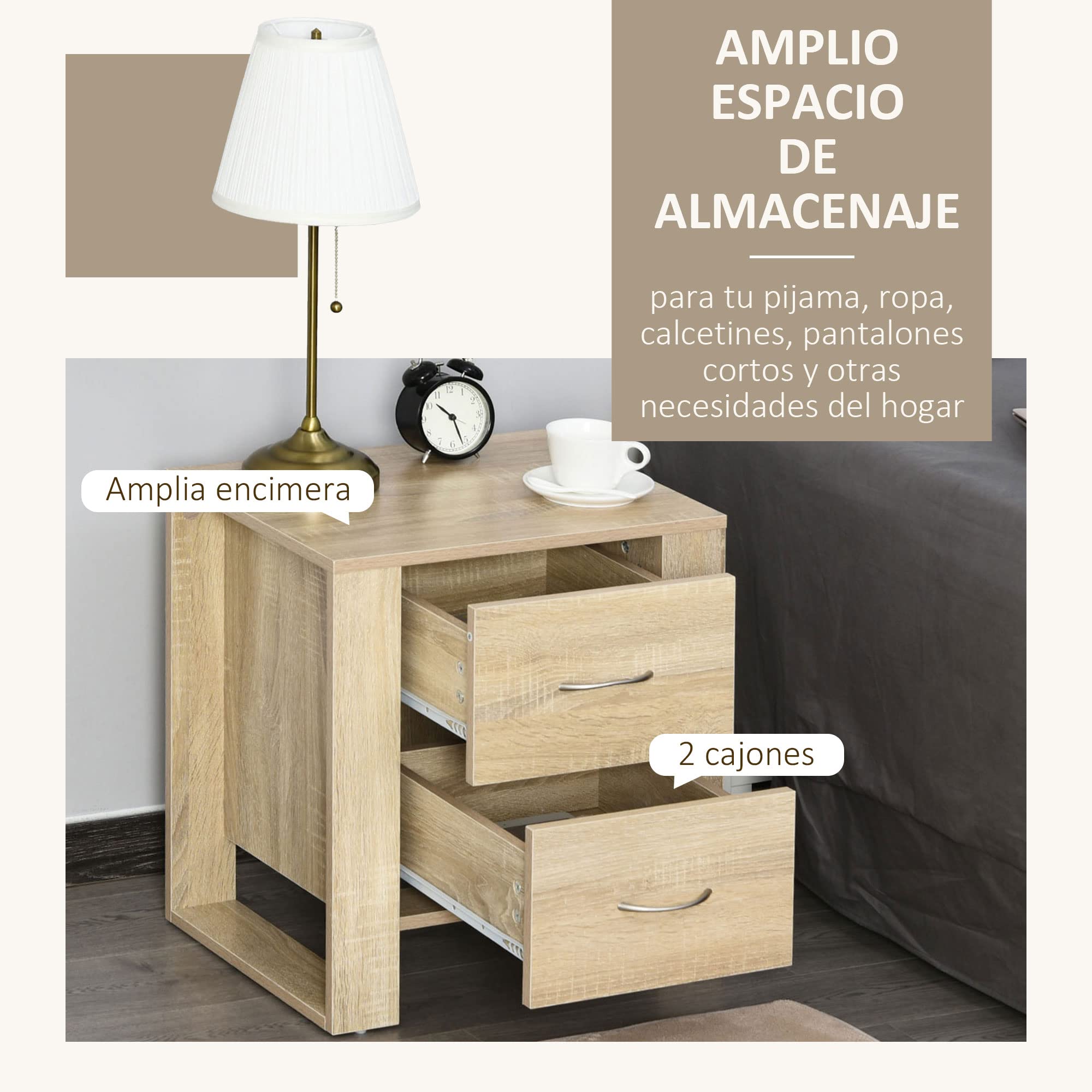 HOMCOM Mesita de Noche con Cajones Mesilla de Noche 48x39x54 cm Natural
