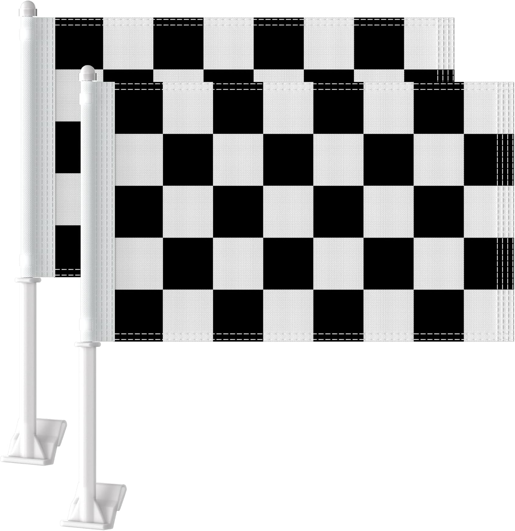 Heavy Duty 2 Pack Checkered Racing Flags 11” x 17”, Double Sided Small Black and White Race Flag for Car Window, Tear-Resistant 2-Layer Warp-Knitted Polyester with Thickened Pole & Secure Window Clip for Car Truck SUV