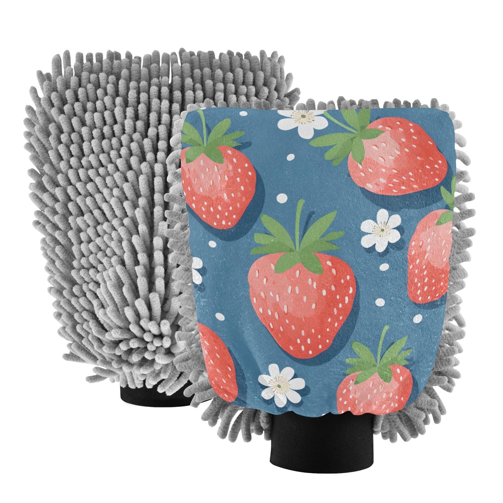 IOACIY Absorbent Microfiber Car Wash Drying Mitts, 2 Pack, Scratch-Free & Lint-Free, Rich Foam, Highly Absorbent, Double Sided, Wash Mitt Perfect for Car Washing, M, Cute Strawberry (3)
