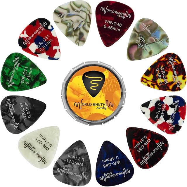 Guitar Picks with Storage Tin - 12 Mixed Gauge Guitar Plectrums - 0.46mm, 0.71mm, 0.81mm World Rhythm WR-208