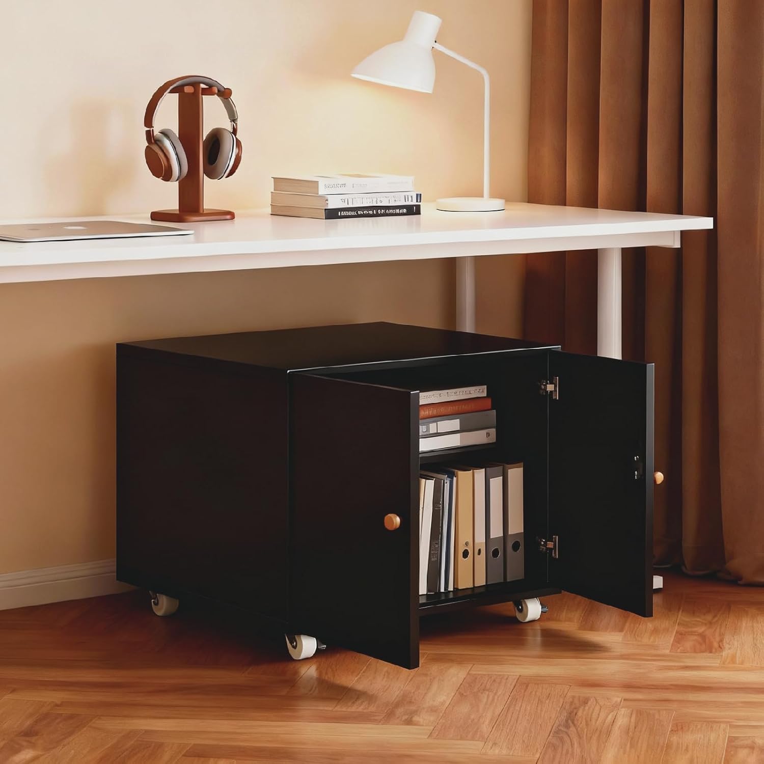 Printer Stand with Storage,Rolling Printer Cart with Cabinet, 17.72" Height Mobile Printer Stand with Wheels,Compact Printer Table Organizer for Home Office, Black