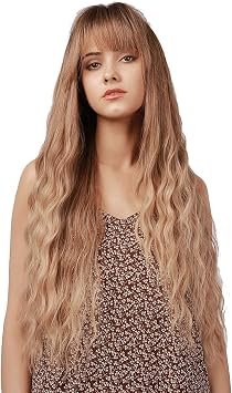 Light Brown Wig with Bangs Natural Dark Beige Blonde Wig Long Wavy Honey Blonde Heat Resistant Synthetic Wigs for Women Fancy Dress Party 24 Inch/28 InchBrown Gradient Gold