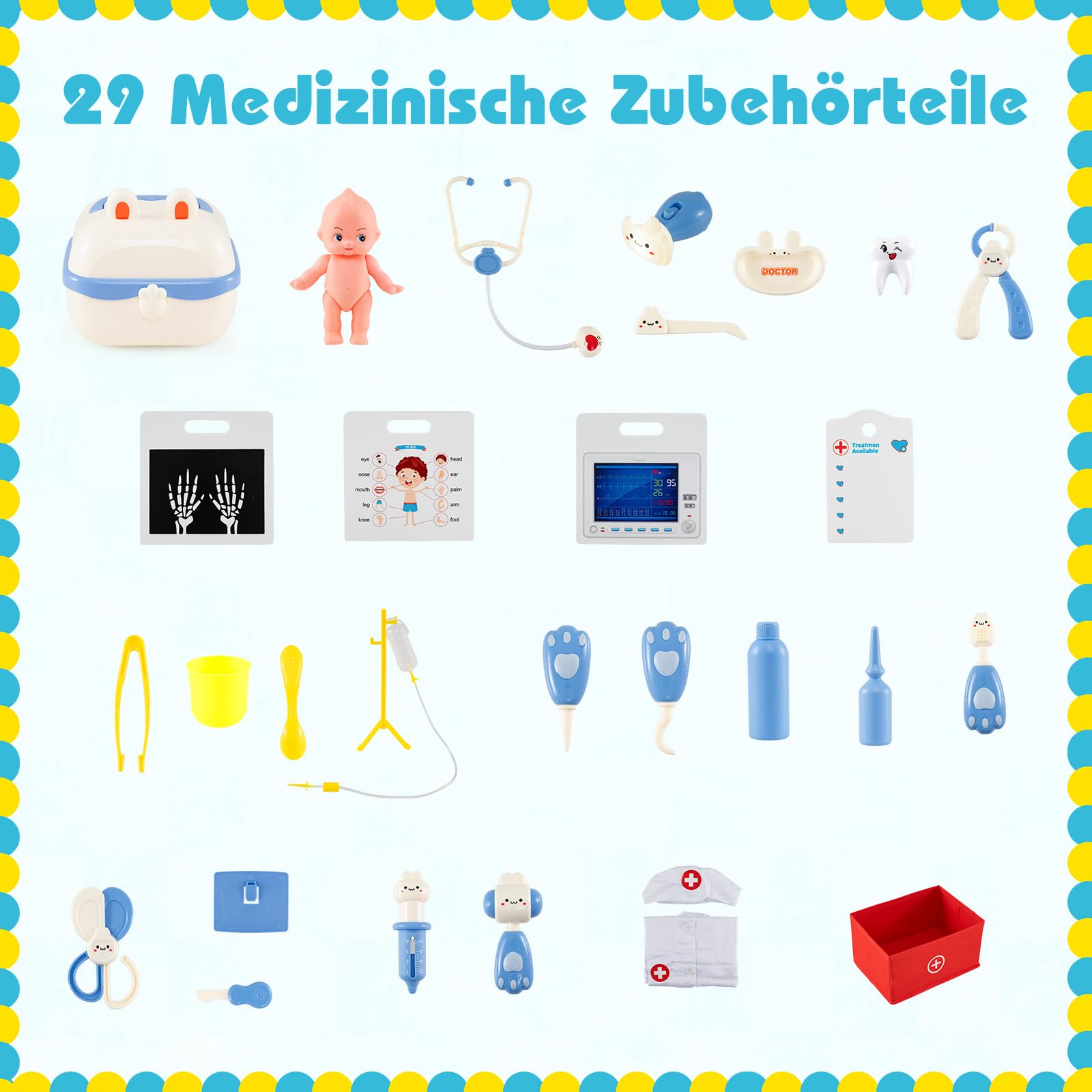 COSTWAY 29 TLG. Arzt-Set mit Arztkoffer, Doktor Spielset Holz mit Röntgenfilm, EKG-Monitor, Sehtafel, Wasserhahn, Spüle & Größenmesser, Arzt Rollenspiel für Kinder ab 3 Jahren (Blau)