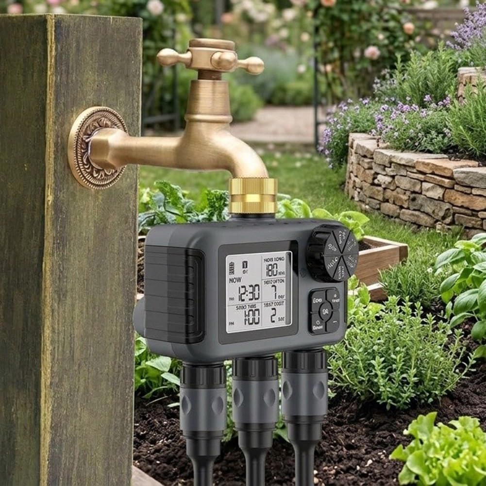 Minhe Timer intelligente per l'acqua a 3 uscite, struttura in ottone, regolatore automatico di irrigazione modalità ritardo pioggia display LCD trasparente per irrigazione giardino prato grigio