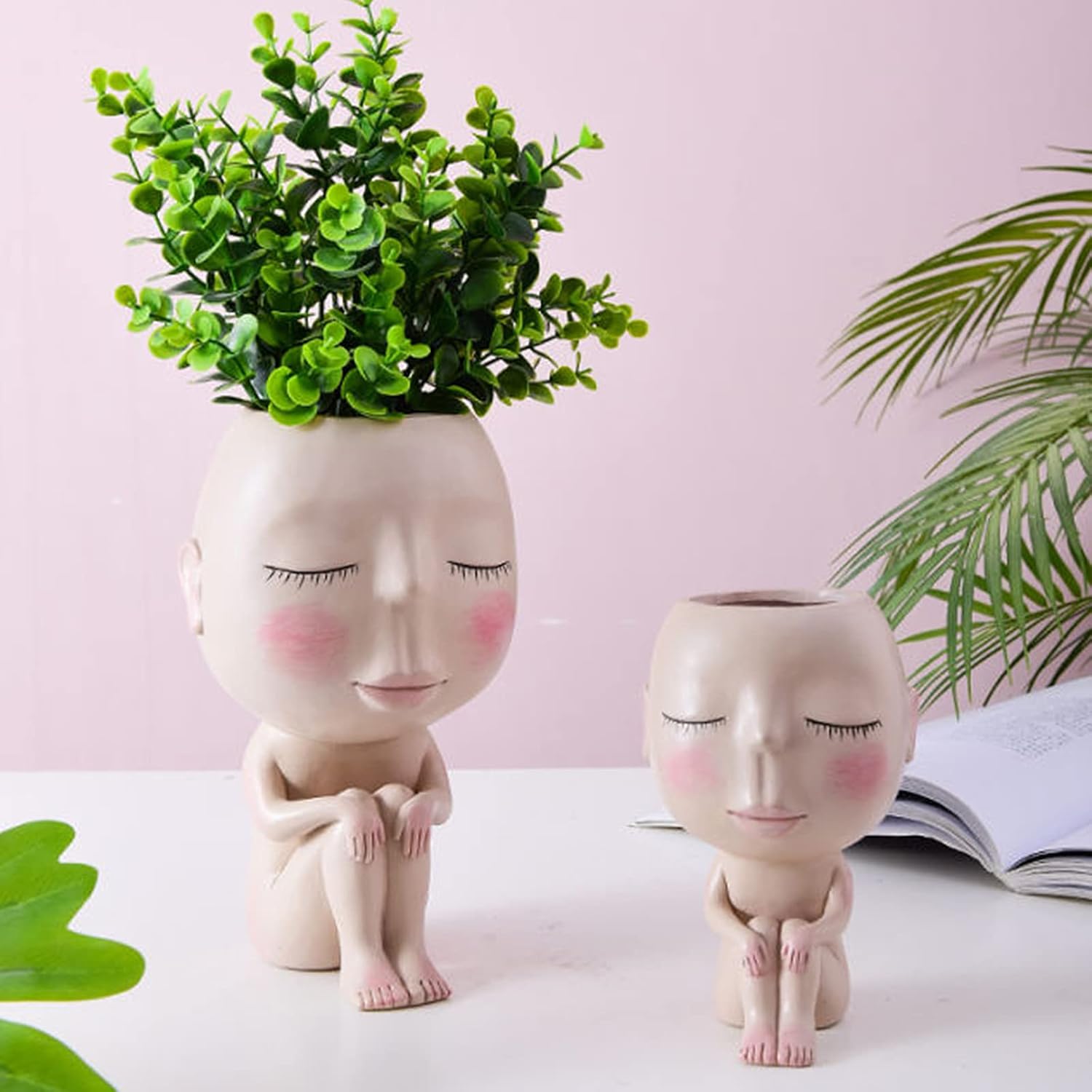 Cute Face Flower Pot Big Head Succulent Planter Pot , Resin Cactus Planters with Drainage Hole,Female Close Eye Design Flower Vases for Indoor Outdoor Plant Creative Decor, 5.5x9x3in/14x23x8cm
