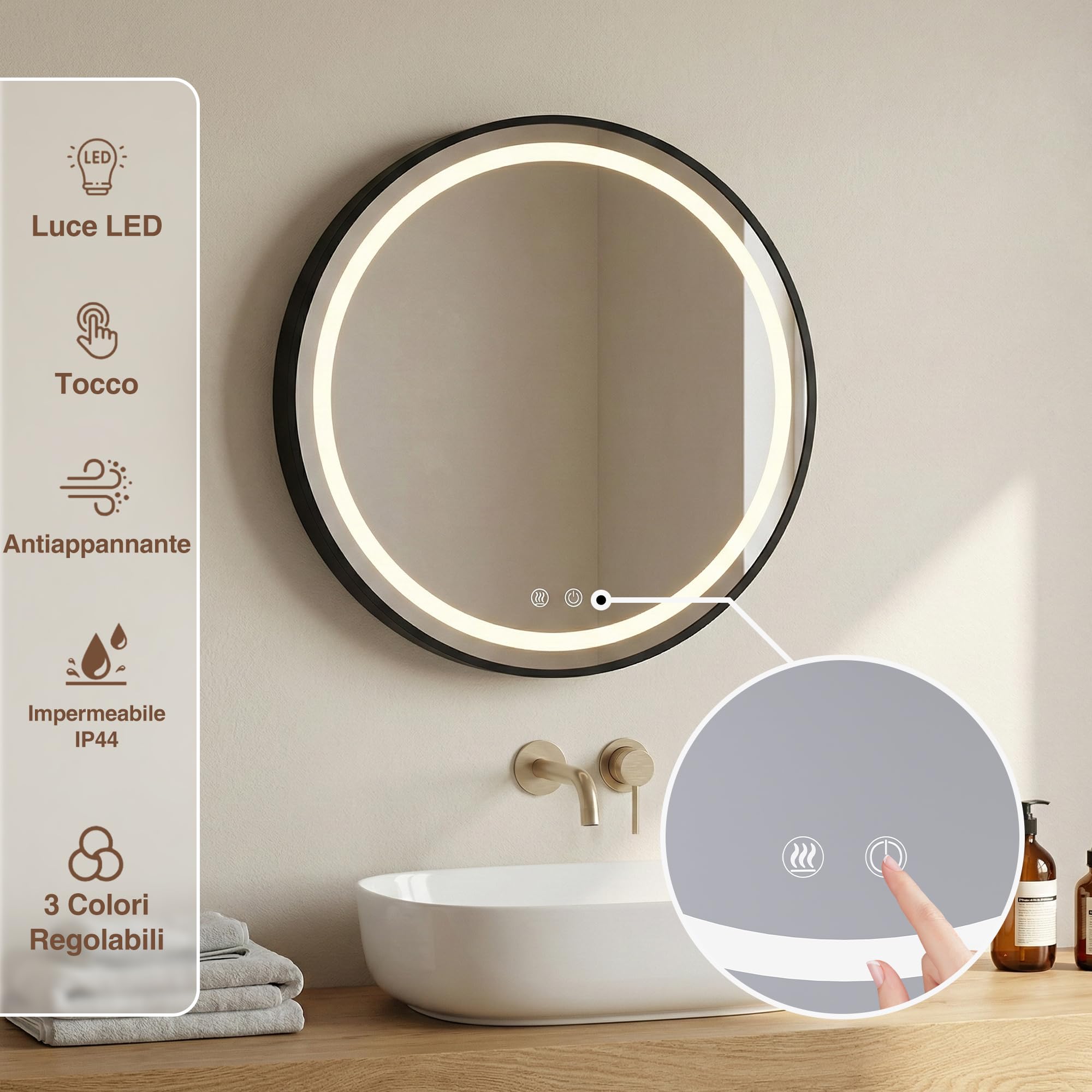 Specchio Contenitore Bagno con illuminazione e Antiappannamento Rotonda 50x50cm Armadietto Bagno a Parete con Presa (2*AC + 3*USB) e Lente d'ingrandimento 10x Nero (Nessun assemblaggio richiesto)