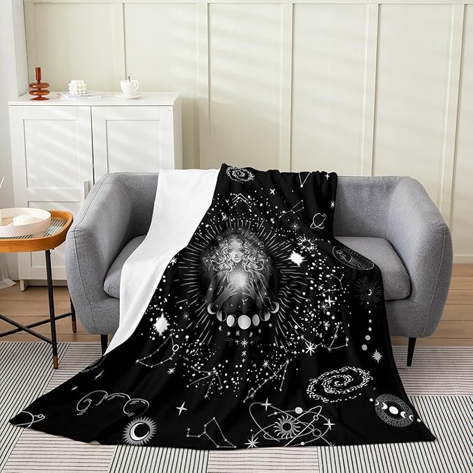 Erosebridal Virgo Blanket Blanket Throw 50x60 inch Black White Constellations Celestial Fleece Blanket,Horoscope Hippie Moon Phase Throw Blanket,Trippy Mystic Nebula Flannel Blanket for Office Chair