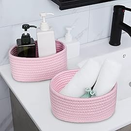 2 PackABenkle Small Woven Baskets, Tiny Oval Shallow Storage Baskets, Mini Cotton Rope Empty Decorative Basket, Boho Little Organizer Bins for Bathroom, Cat Dog Toy Gifts Baskets