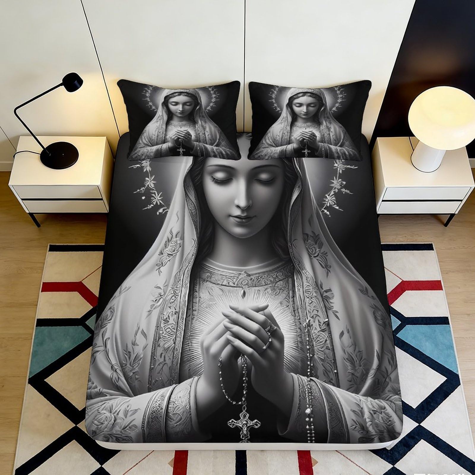 3D Printed Virgin Mary Fitted Sheet Microfiber Black White Religious Bedroom Decor Angel Mattress Cover for Home Dorm 90x200x25cm