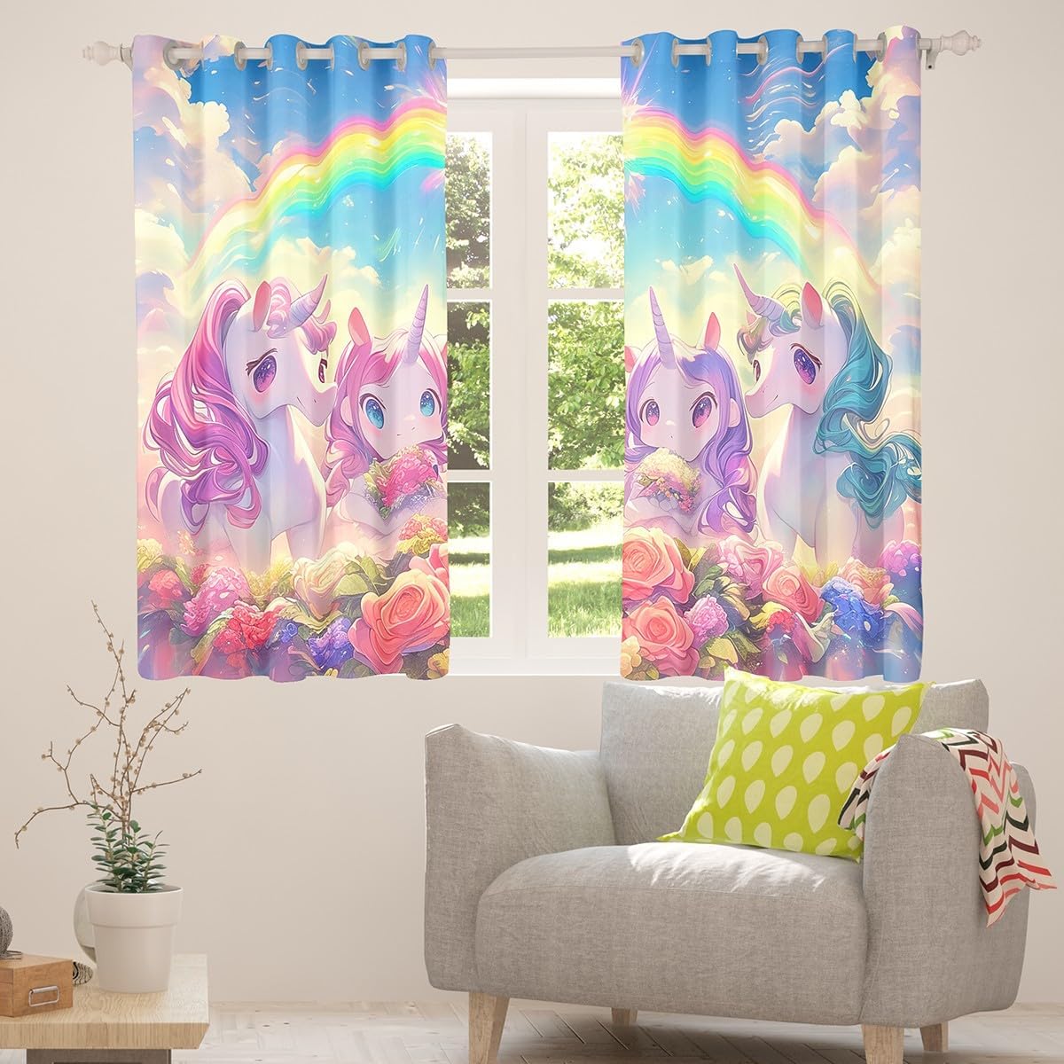 Castle Fairy Kawaii Unicorn Curtain Home Decor,Cartoon Cute Unicorn Horse Animal Window Drapes for Girls Boys,Stars Rainbow Watercolor Flowers Window Treatment Curtains for Office, 42Wx90L inch
