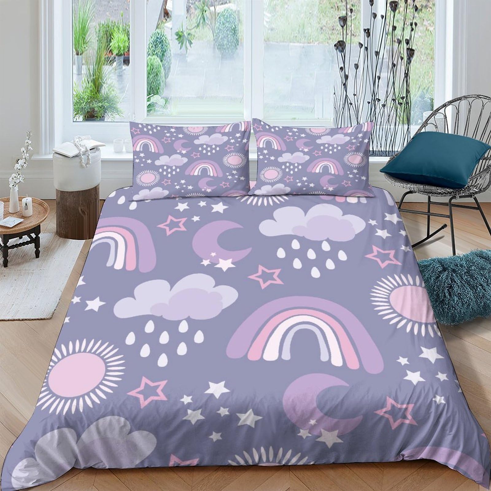Ctjqhvkz Style-9 3D Printed Pastel Rainbow Clouds Fitted Sheet Microfiber Soft Purple Sun Moon Stars Bed Cover For Bedroom Dorm Mattress Protection Decor Single（135X200cm）