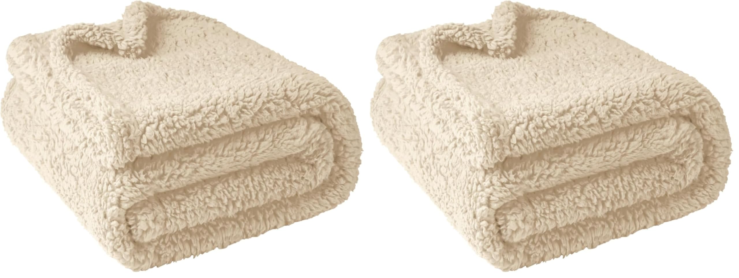 furrybaby Dog Blanket Soft Dog Blankets for Large Dogs Puppy Essentials Washable Sherpa Fleece Cat Blanket 40x47 Inches for Bed Furniture Couch Sofa (Large, Beige) (Pack of 2)