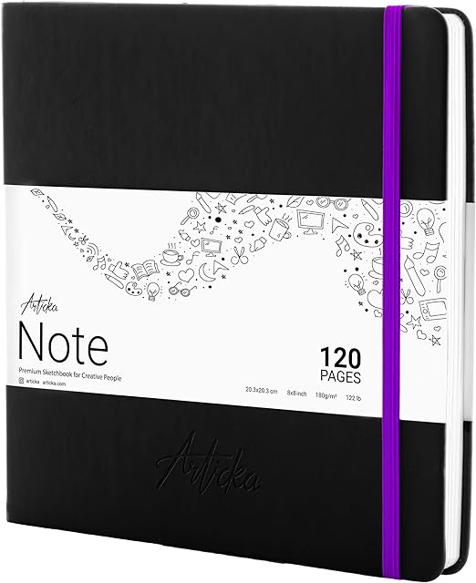 Articka Note Hardcover Sketchbook  Square Hardbound Sketch Journal  8 x 8 Inch Art Book  120 Pages with Elastic Closure  190GSM Paper  Ideal for Pencils, Graphite, Charcoal, Pen