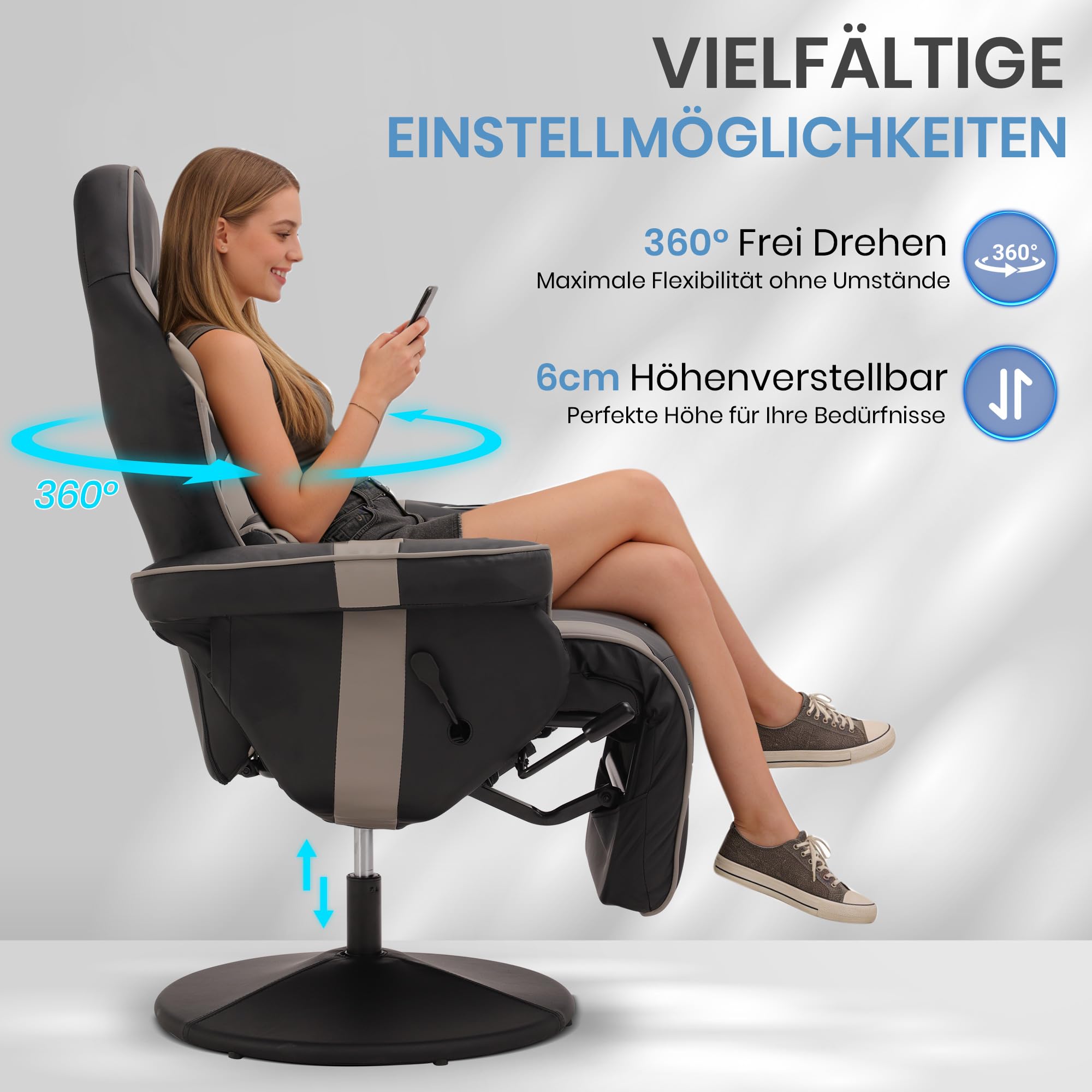 Relaxsessel Fernsehsessel mit Liegefunktion, Massage Gaming Stuhl mit Höhenverstellbar & 360° Drehbar, Ergonomischer Racing Gaming Sessel Wohnzimmer, Manuell Verstellbar (Gray)