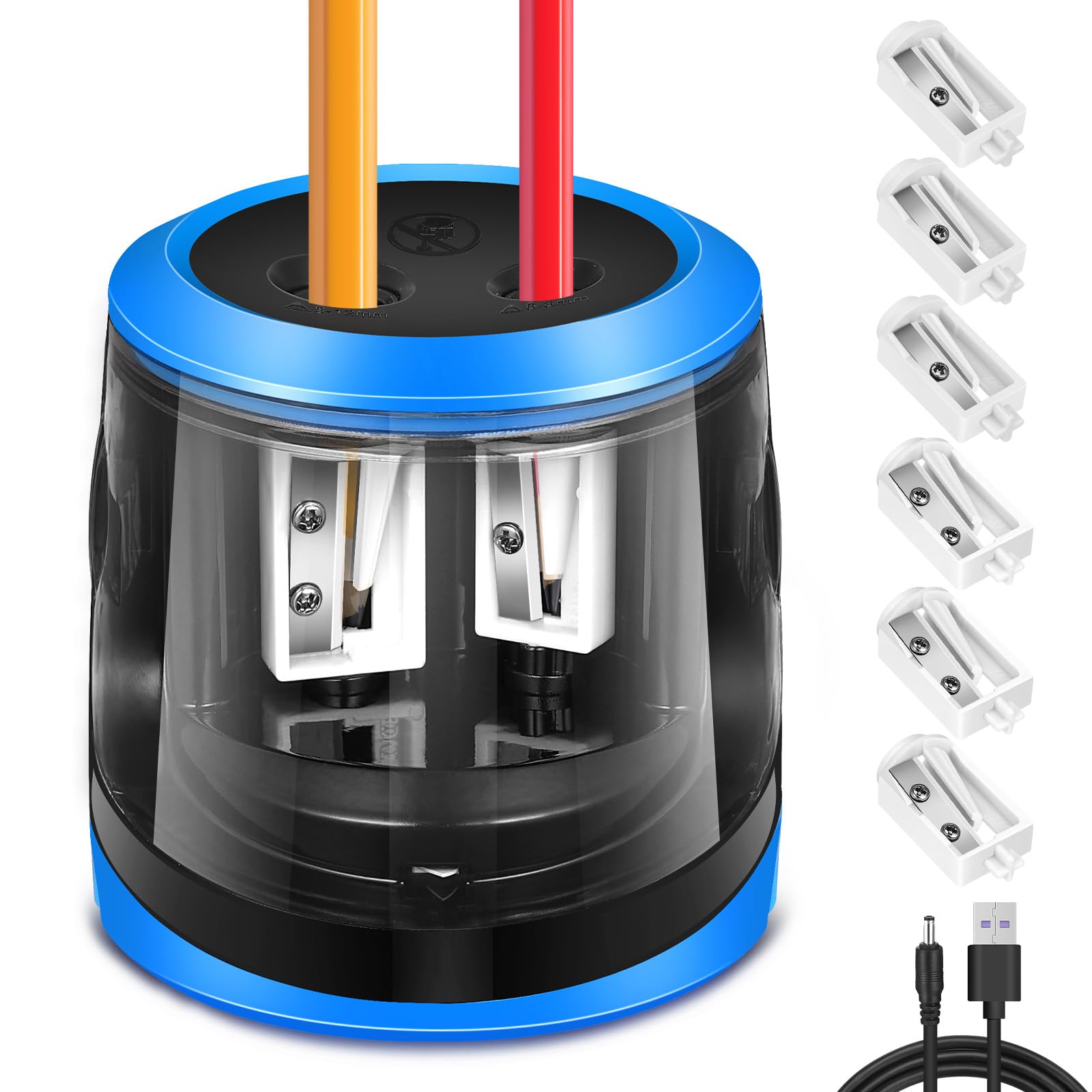 Elektrischer Anspitzer, Anspitzer mit Behälter Elektrisch, Pencil Sharpener Batterie und USB Zwei Mode mit 6 Klingen und 1 Bürste, 2 Größen Bleistiftspitzer Dicke für Kinder (Kreisförmig)