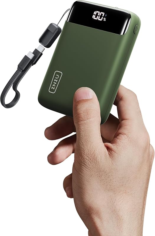 Cargador portátil INIU, el banco de energía de carga rápida más pequeño de 20000 mAh y 22,5 W | Cable USB-C, seguro para vuelos, elementos básicos de viaje, linterna, batería para iPhone 17, Samsung, Xiaomi, Google, tamaño mini, verde