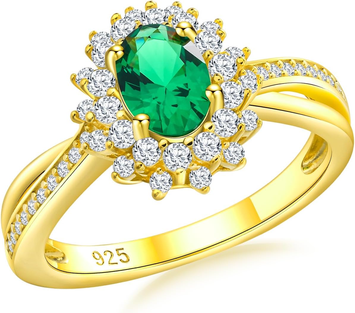 Oval Engagement Ring Sterling Silver/14K Gold Plated Sapphire/Emerald/Ruby/Aquamarine 2 Cttw Gemstone Halo Rings Split Shank Statement Rings for Women Size 6-10