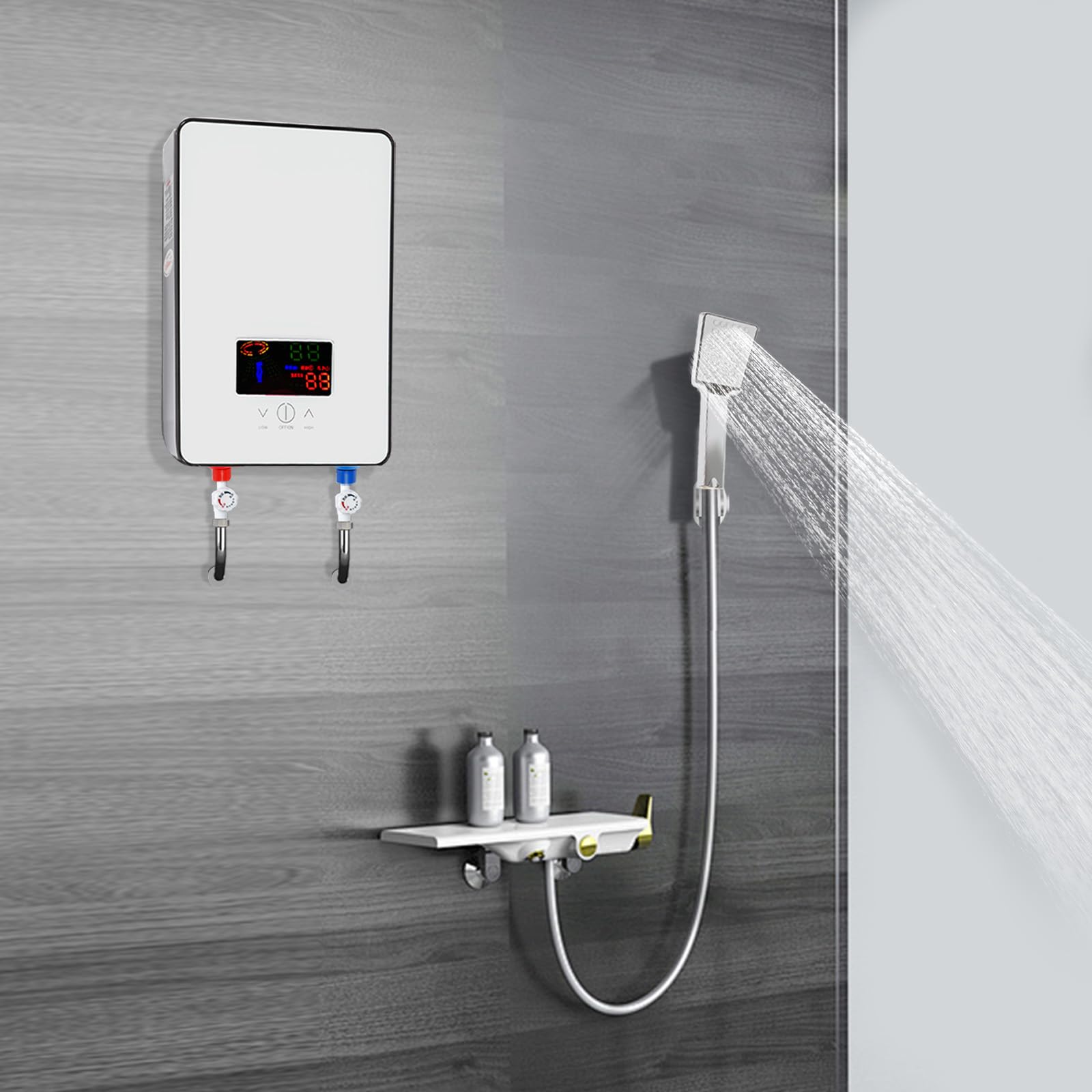 Mini calentador de agua eléctrico, pequeño calentador de agua instantáneo ajustable instantáneo, pequeño calentador de agua instantáneo para cocinas, baños, restaurantes, hoteles, led, 6500 W, 220V