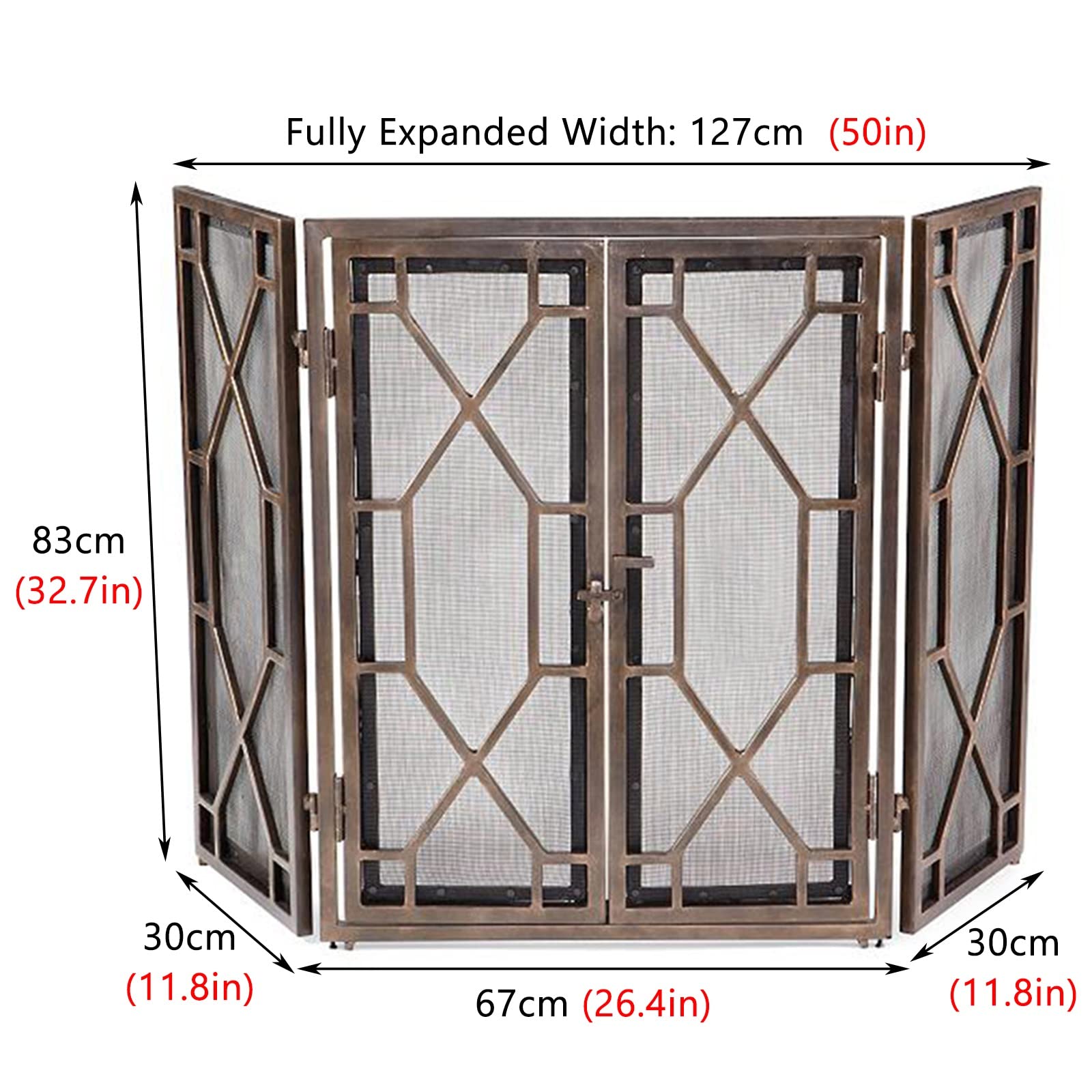 Protector de Chimenea para Chimenea con Puerta de Bloqueo, Plegable, de 3 Paneles, de Malla ignífuga de Hierro, Moderno Protector de Quemador de leña de 80 cm de Alto (B)