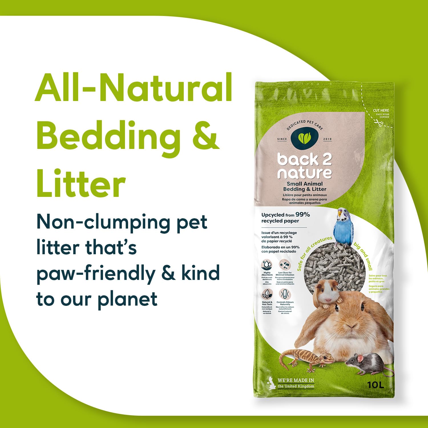 Back 2 Nature Bedding and Litter, (10l) Highly Absorbent 99% Recycled Paper Litter for Small Pets, Dry & Fresh Smelling Rabbit, Bird, Ferret and Hamster Cage, Soft, Safe & Compostable Hamster Bedding — view 2