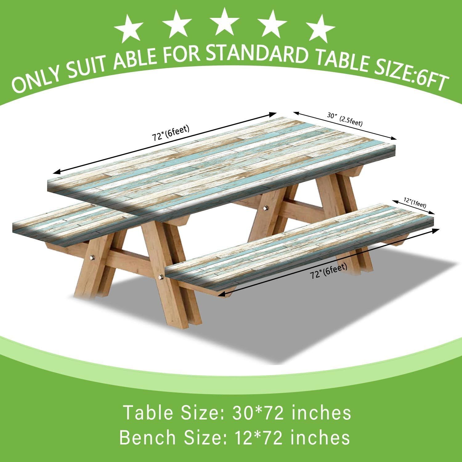 JAWO Teal Rustic Wooden Picnic Table Cover with Bench Covers, Modern Camping RV Essentials Gear Supplies Outdoor Waterproof Windproof Tablecloth with Elastic, 30X72in image 4