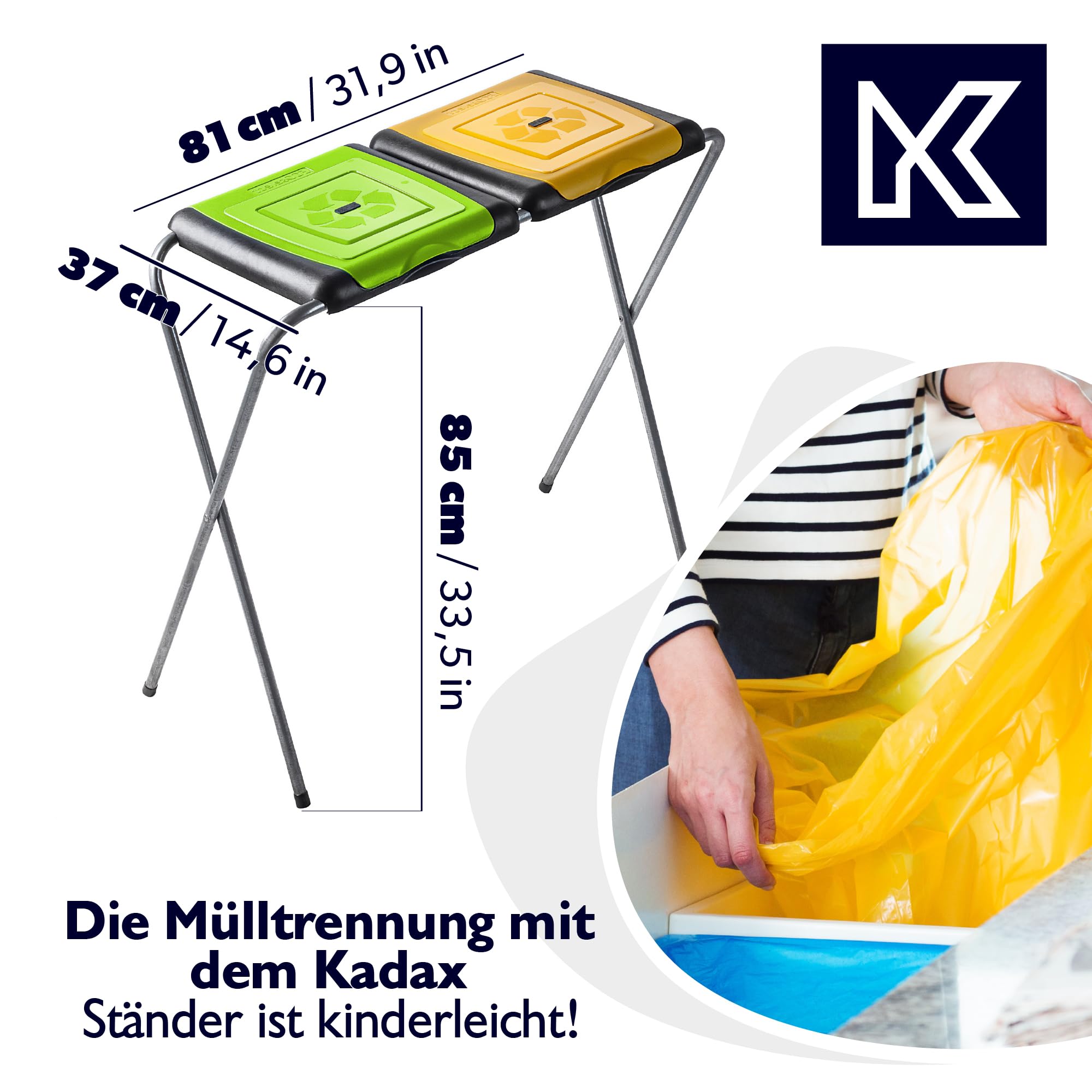 KADAX Ständer für Mülltrennung, stabiler Müllsackhalter mit Kunststoffdeckel, Müllsackständer, Abfallbehälter, Müllbeutelhalter, Müllständer (Doppelt v2)