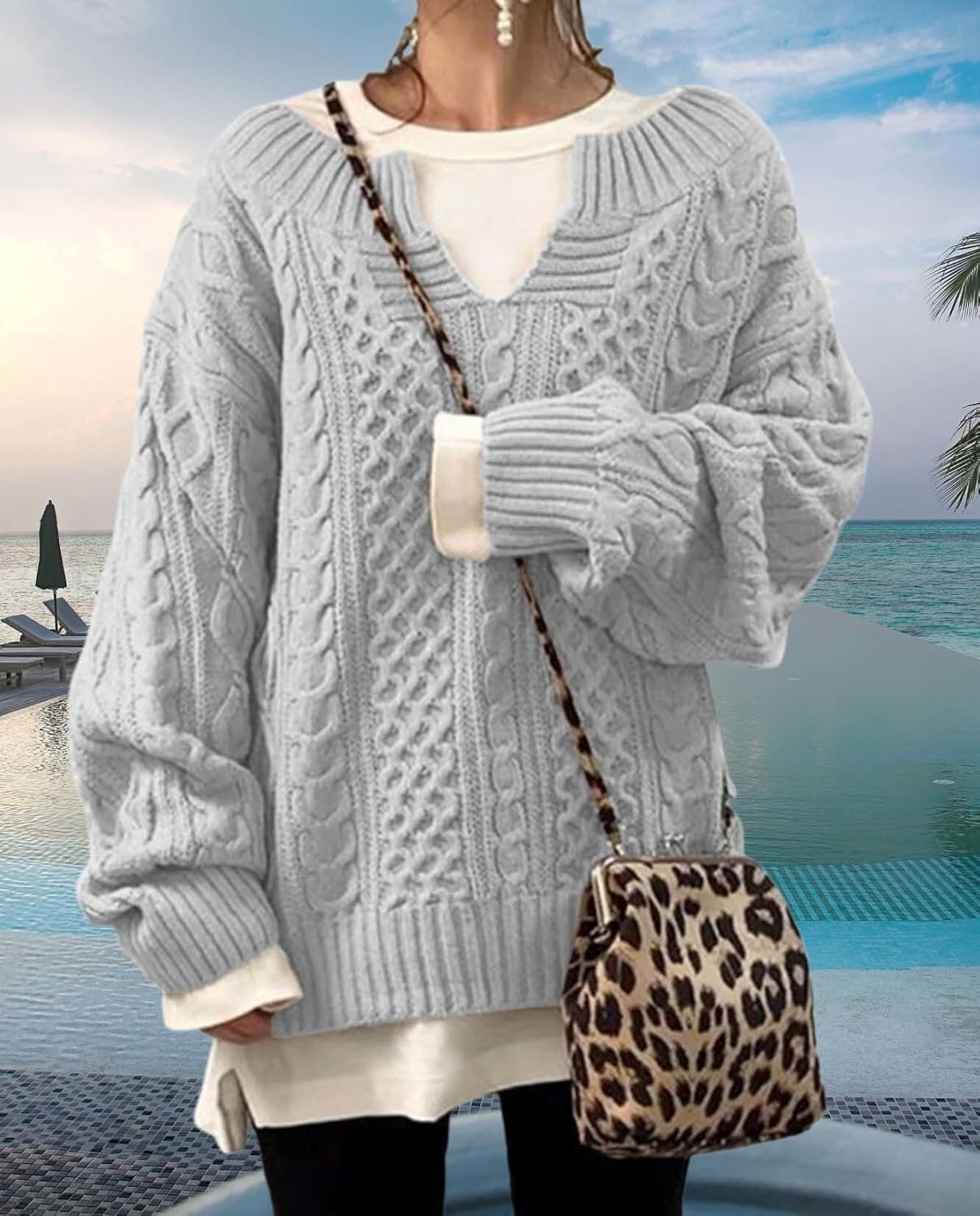Womens Winter Chunky V Neck Long Sleeve Loose Knit Pullover Sweater Fashion Knit Casual Knit Sweater - Image 4