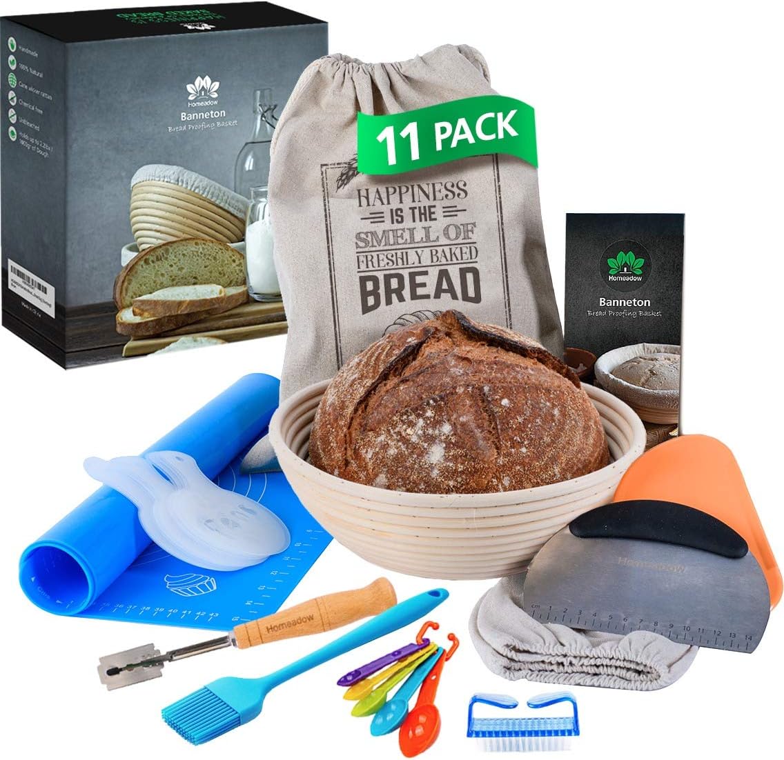 Banneton Bread Proofing Basket For Rising Dough- 8 Pcs Kit: 10 inch Round Brotform, Linen Liner, Bread Lame, Bench Scraper, Dough Scraper, Stencils, Silicone Baking Mat, Bread Bag | Sourdough