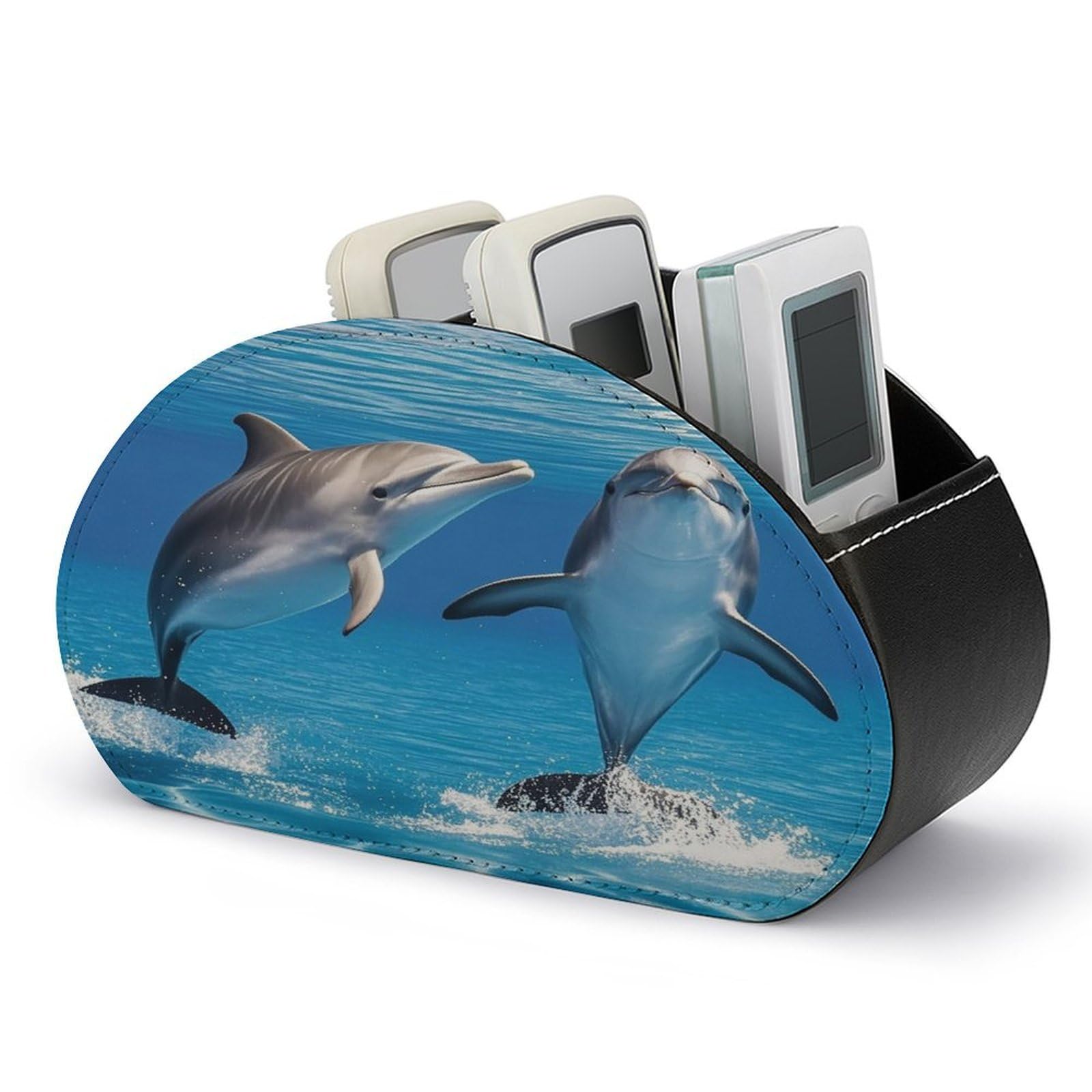 FekiLoot Two Dolphins TV Remote Control Holder with 5 Compartments Multi-functional Leather Bedside Table Remote Caddy Desktop Storage Box for Store Pen Controller Media Player Cosmetic