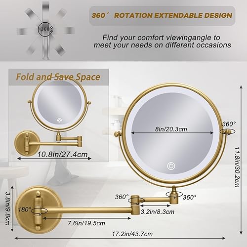 Miniatura 5 de Espejo de maquillaje iluminado montado en la pared, espejo de aumento recargable de doble cara de 8 pulgadas, 1X10X, espejo de tocador LED de 3