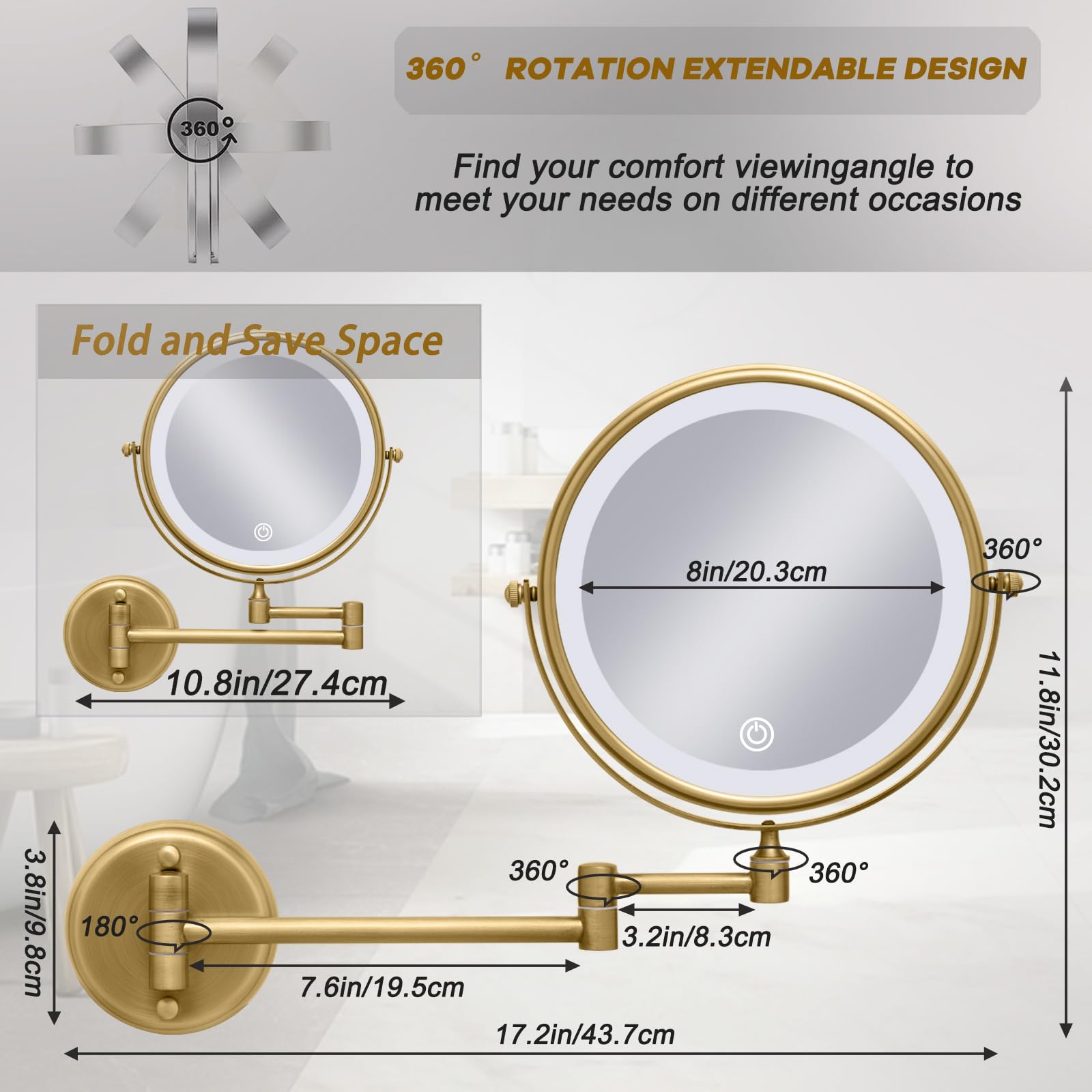 Specchio da trucco illuminato da parete, specchio da trucco ricaricabile da 20,3 cm con ingrandimento a doppia faccia 1X/10X, specchio cosmetico a LED in 3 colori con funzione di memoria