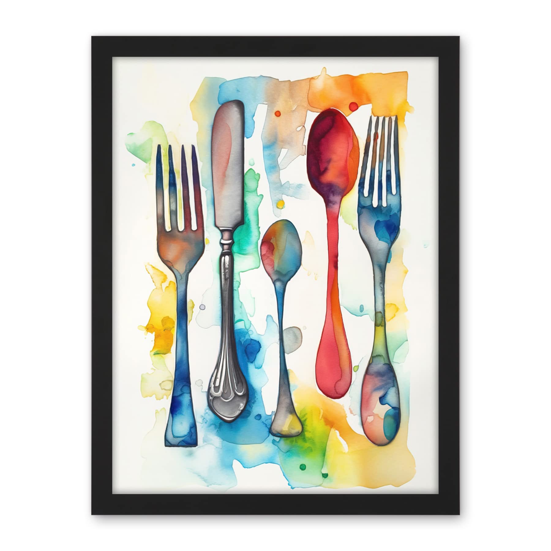Artery8 Cutlery Forks Spoons And Knife Watercolour Painting Artwork Framed Wall Art Print 18X24 Inch
