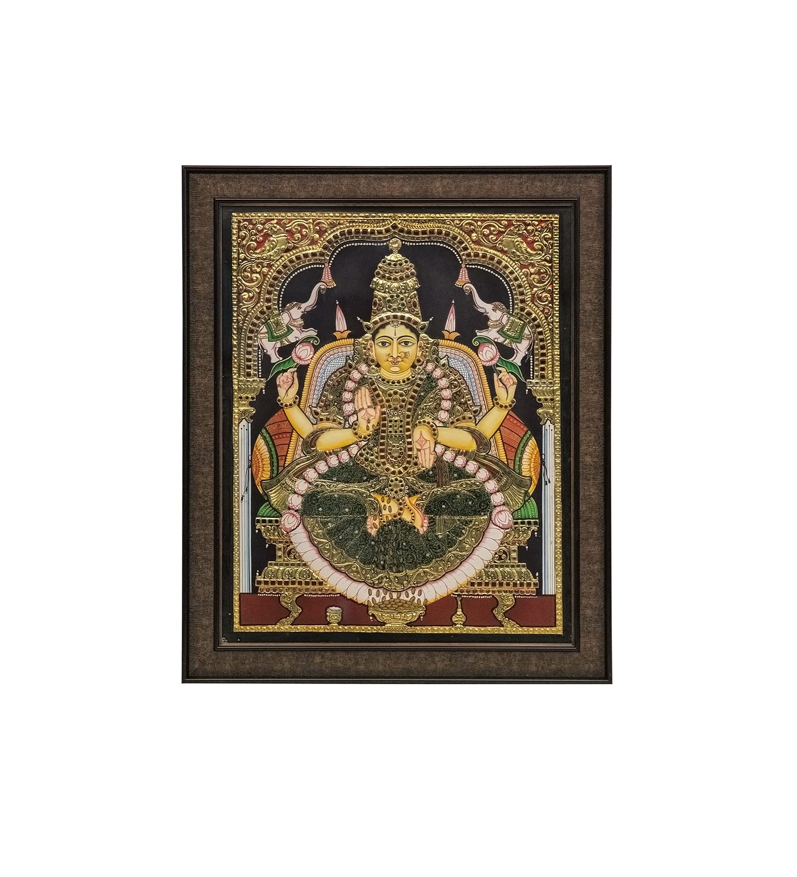Mangala Arts Gajalakshmi Tanjore painting, 24 Carat Gold Foil, Authentic Jaipur Gems, Hindu Religious Goddess Photo for Pooja, Living Room-20x16 Inches (with Frame)
