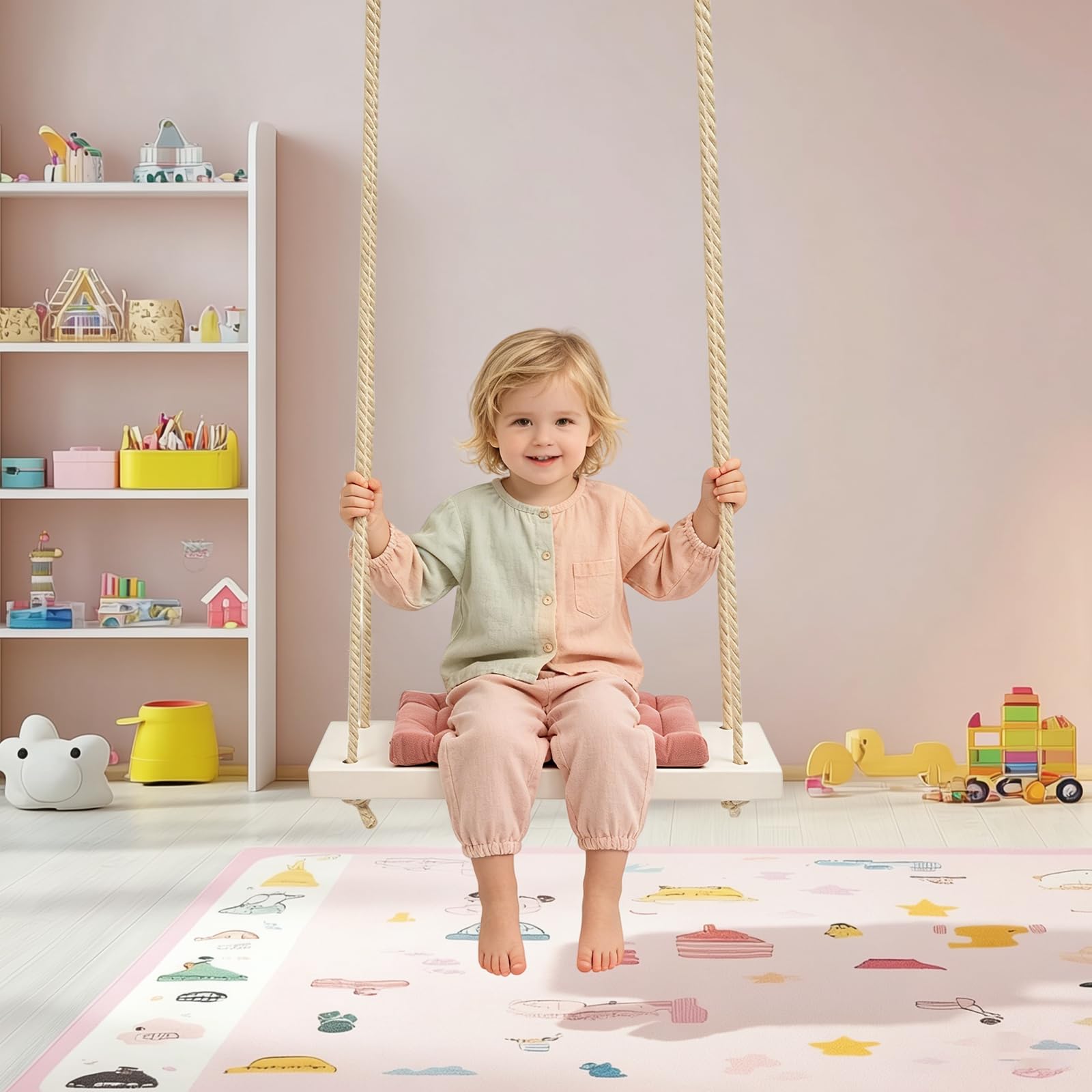 Altalena per bambini in legno massiccio con cuscino in schiuma, rosa, fino a 50 kg