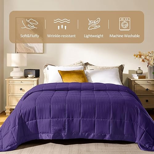 Miniatura 2 de downluxe Manta de tamaño King con ribete satinado, ligera, alternativa al plumón para todas las estaciones, lavable a máquina (morado, 90 x 108