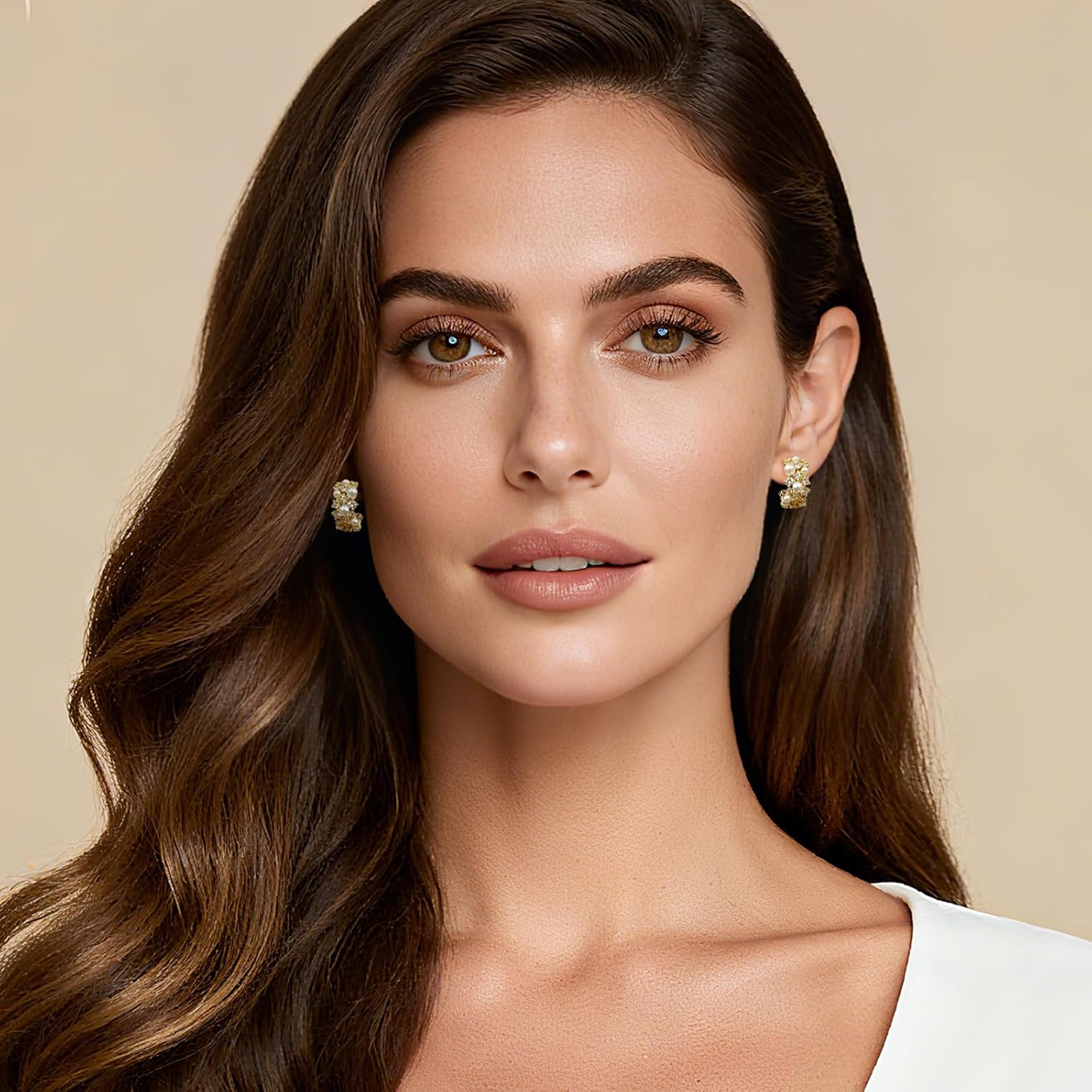 14K Gold Plated Pearl Hoop Cubic Zirconia Wedding Earrings for Bride and Bridesmaids White Pearl CZ Circle Earrings for Women - Image 4