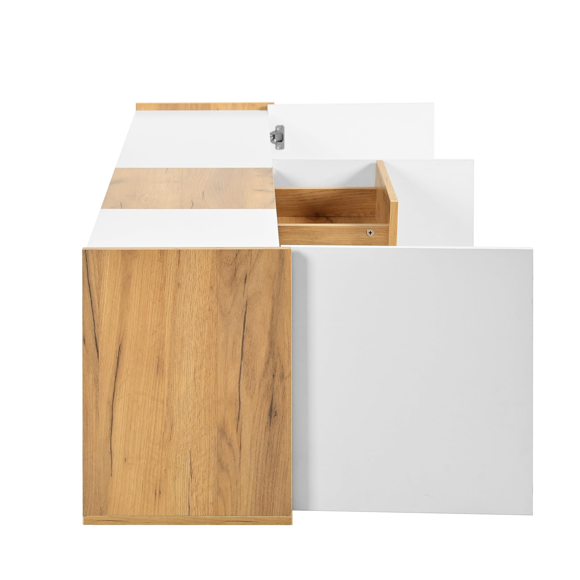Mobile TV pannello basso in colore bianco e legno, può essere appeso alla parete o posizionato sul pavimento
