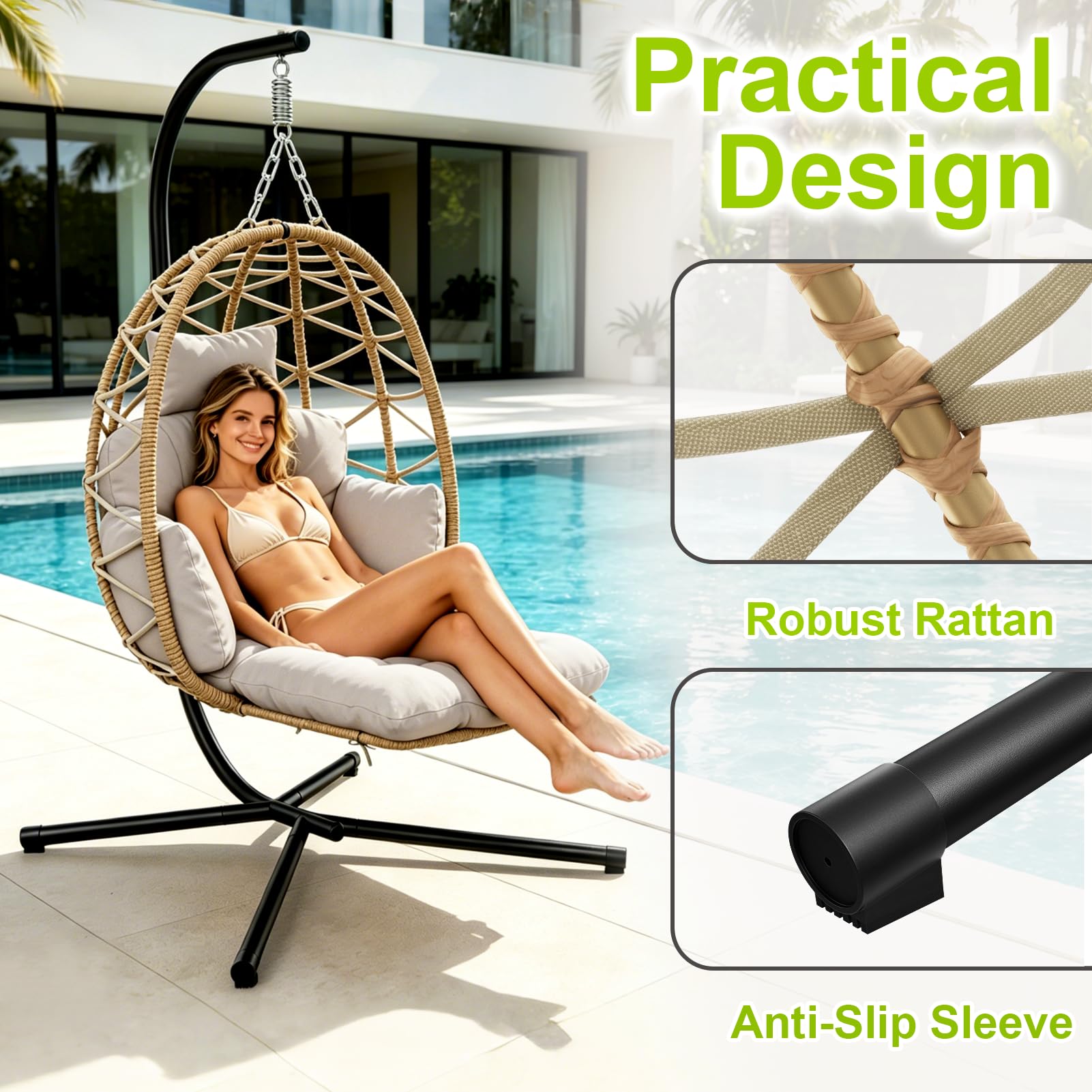 Hängesessel mit Gestell, Hängestuhl mit Fußstütze, Dicke Kissen, Höhenverstellbar, Hängekorb Sessel Outdoor Indoor, Ergonomisch, Hängeschaukel, Egg Chair für Garten Balkon Terrasse bis 150kg-Grau
